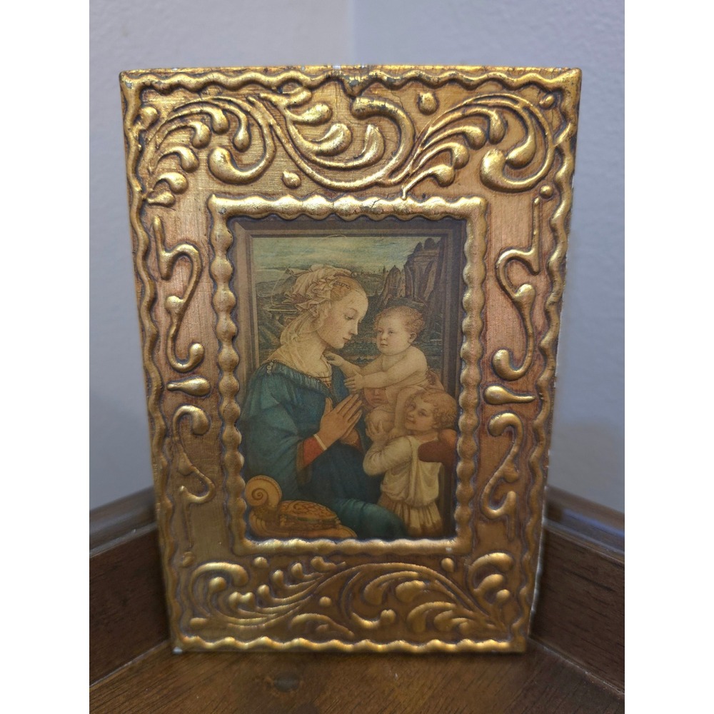 Vintage Florence Italy Gold Gilt Wood Plaque Lippi Adorazione Madonna Child Art
